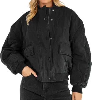 Women's Bomber Jacket Cotton Padded Ribbed Quilted Zip Up Long Sleeve Winter Coat Fall Outerwear Tops with Pockets