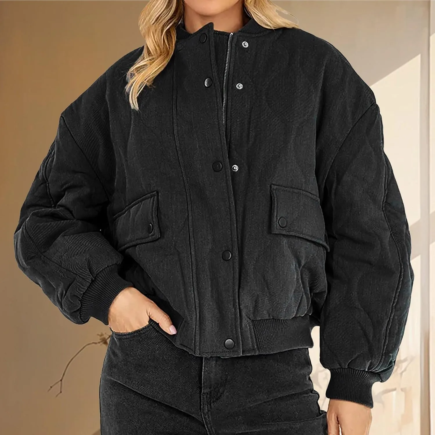 Women's Bomber Jacket Cotton Padded Ribbed Quilted Zip Up Long Sleeve Winter Coat Fall Outerwear Tops with Pockets