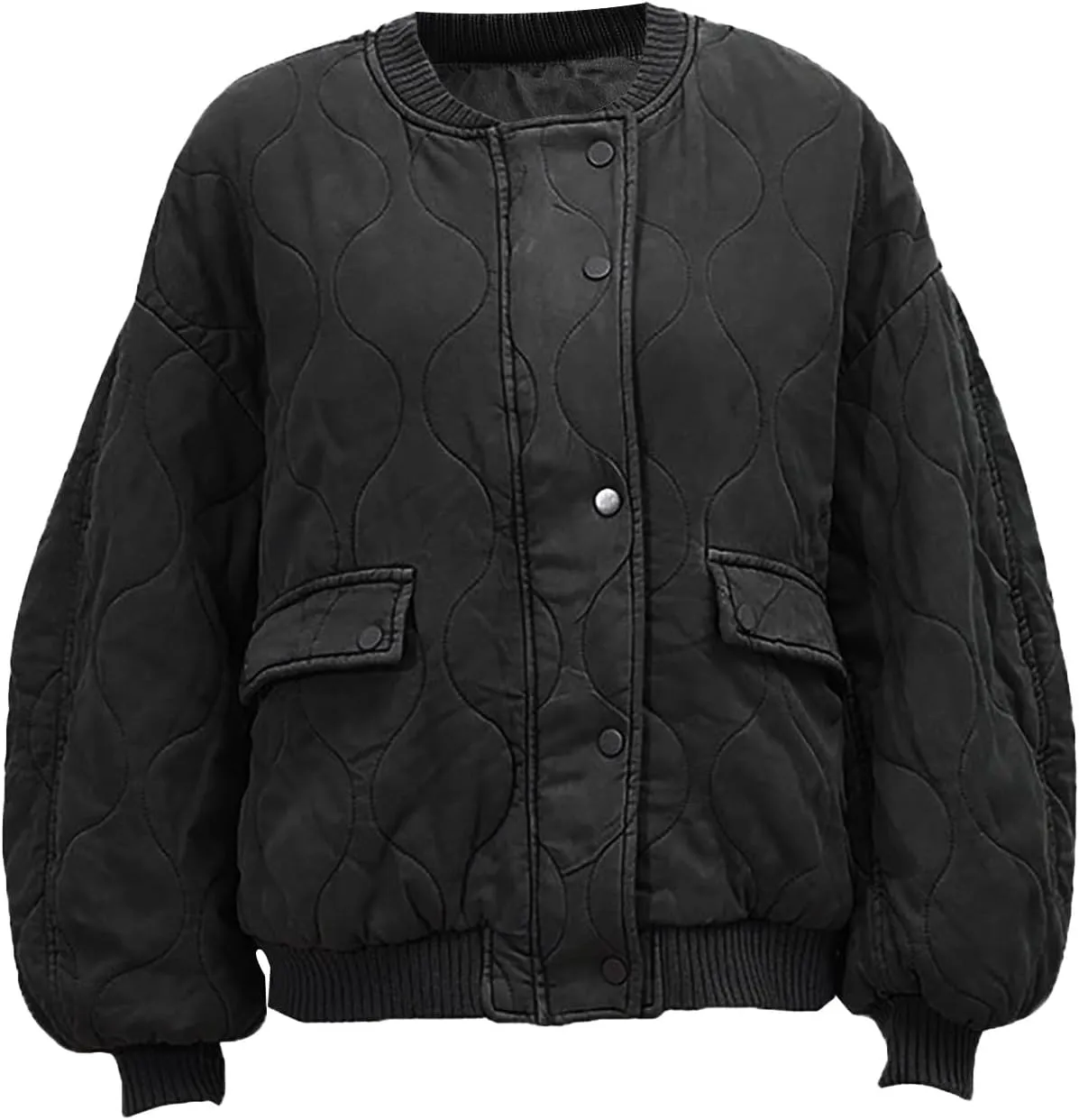 Women's Bomber Jacket Cotton Padded Ribbed Quilted Zip Up Long Sleeve Winter Coat Fall Outerwear Tops with Pockets