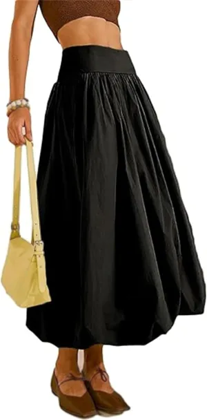 Women's Bubble Maxi Skirts Y2k A Line Long Skirt, Elastic Waist A-Line Casual Ruffle Pleated Midi Dress