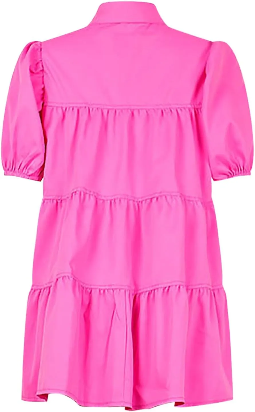 Women's Callor Button Down Puff Short Sleeve Ruffle Hem Loose Mini Dress Lined Midi Dress