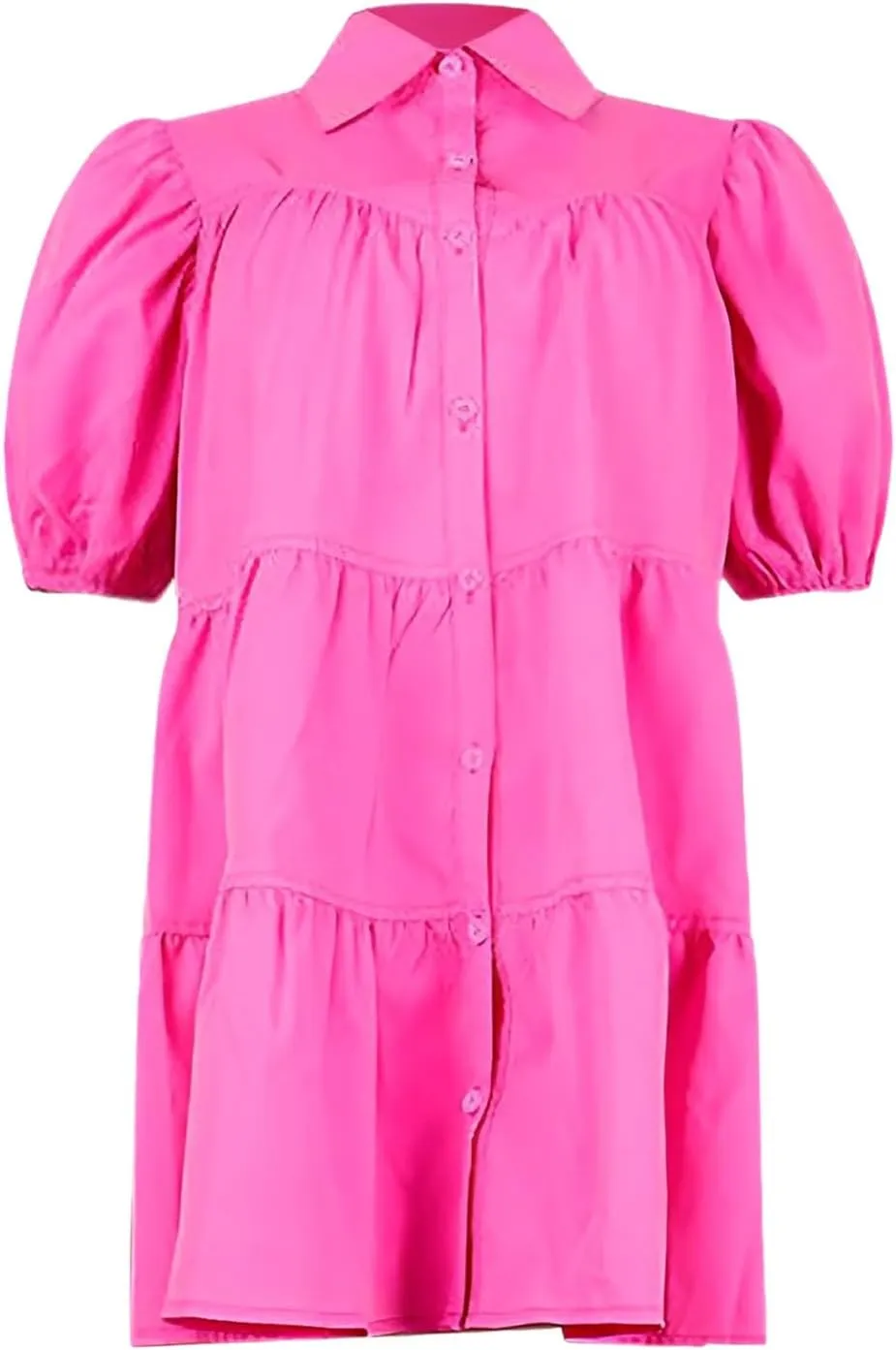 Women's Callor Button Down Puff Short Sleeve Ruffle Hem Loose Mini Dress Lined Midi Dress