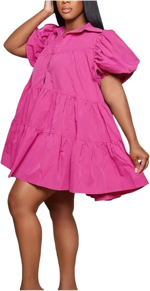Women's Callor Button Down Puff Short Sleeve Ruffle Hem Loose Mini Dress Lined Midi Dress