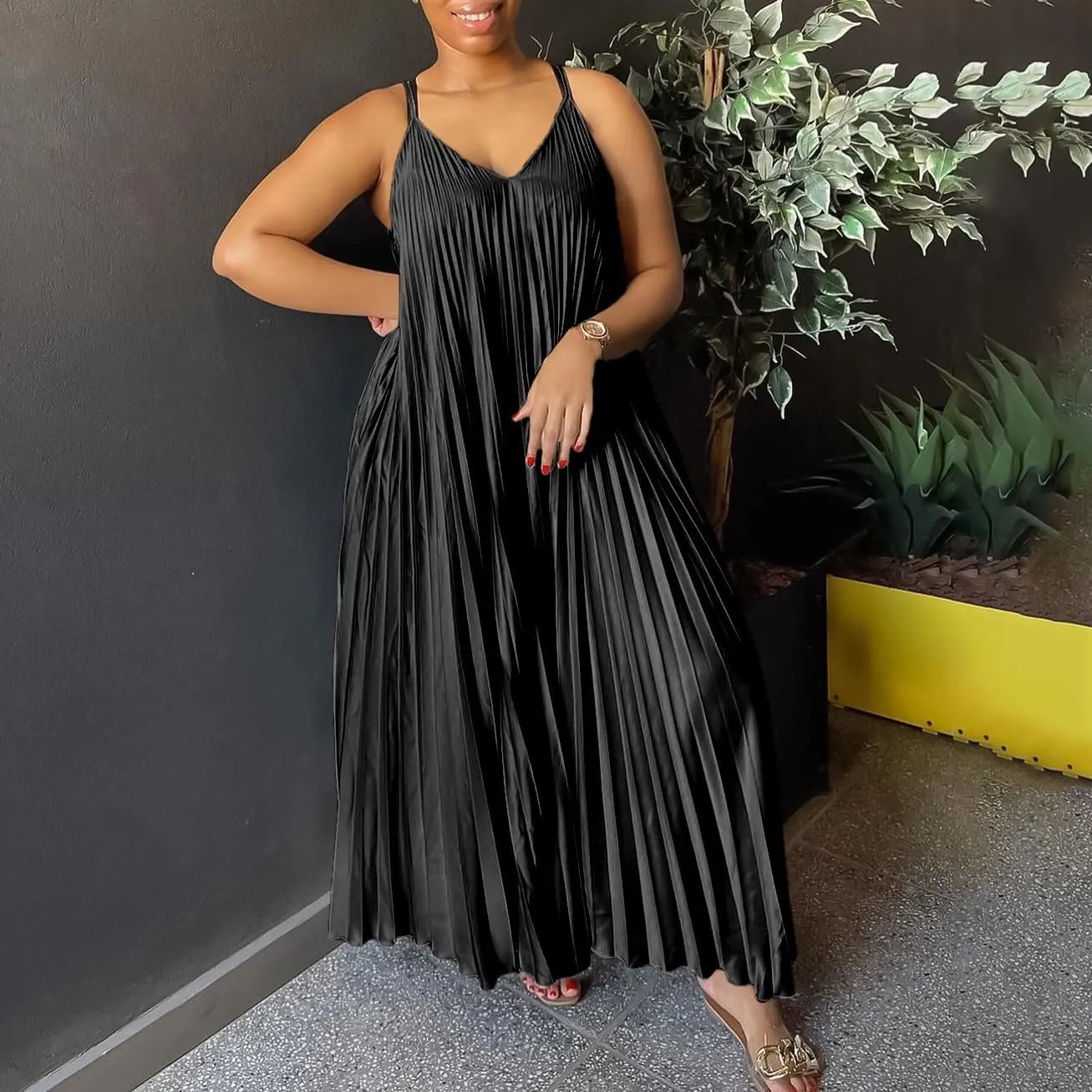 Women's Camisole Pleated V Neck Dress 2024 Casual Loose Swing Midi Summer Sexy Fashion Sleeveless Dress S-3XL