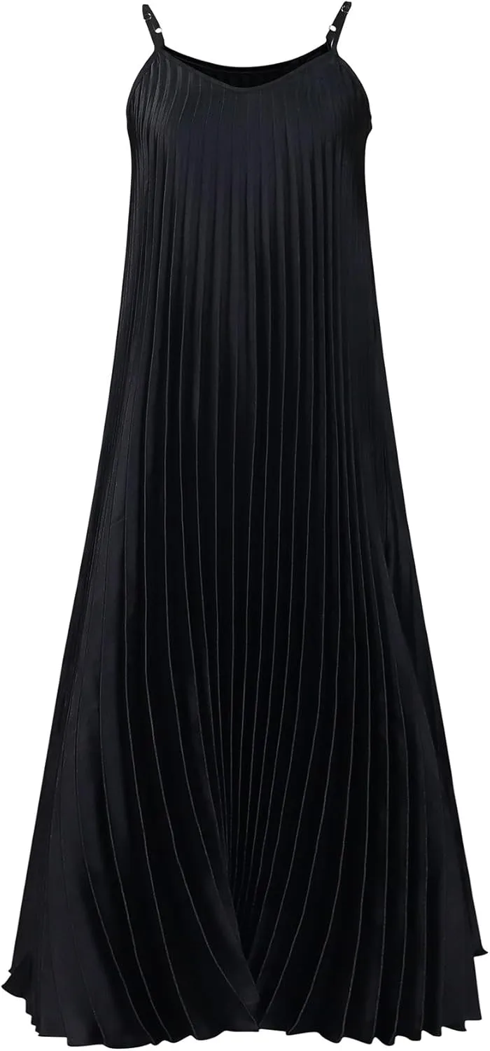 Women's Camisole Pleated V Neck Dress 2024 Casual Loose Swing Midi Summer Sexy Fashion Sleeveless Dress S-3XL