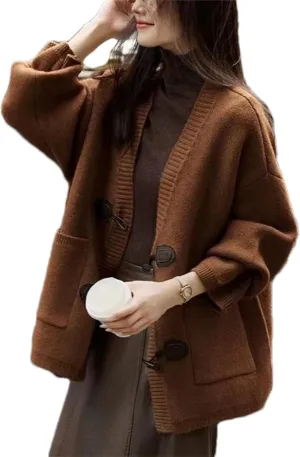 Women's Cardigan Sweaters Casual Loose V Neck Toggle Button Down Sweater Outwear