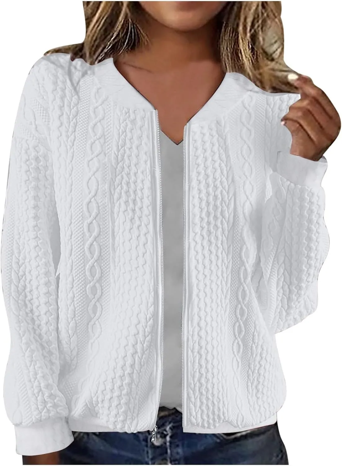 Women's Cardigan Zip Up Cable Knit Long Sleeve Trendy Y2K Sweater Jacket Crewneck Casual Teen Girls Coat 2024 Fall