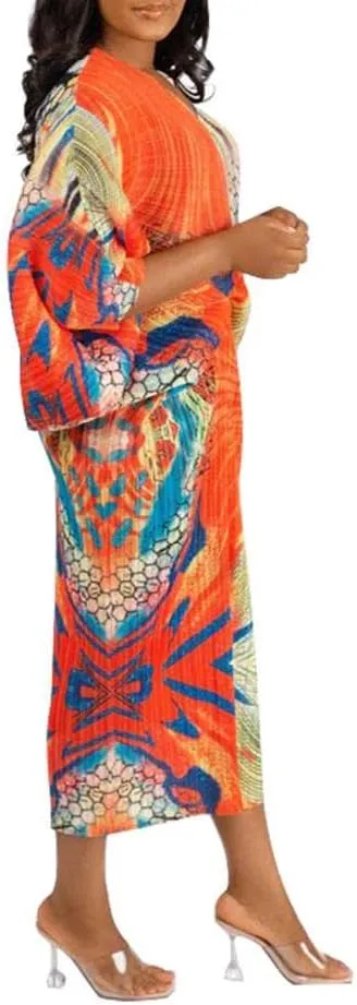 Women's Casual Floral Print Pleated Long Dress Elegant Stretchy Flowy Ruched Midi Dress for Party Club