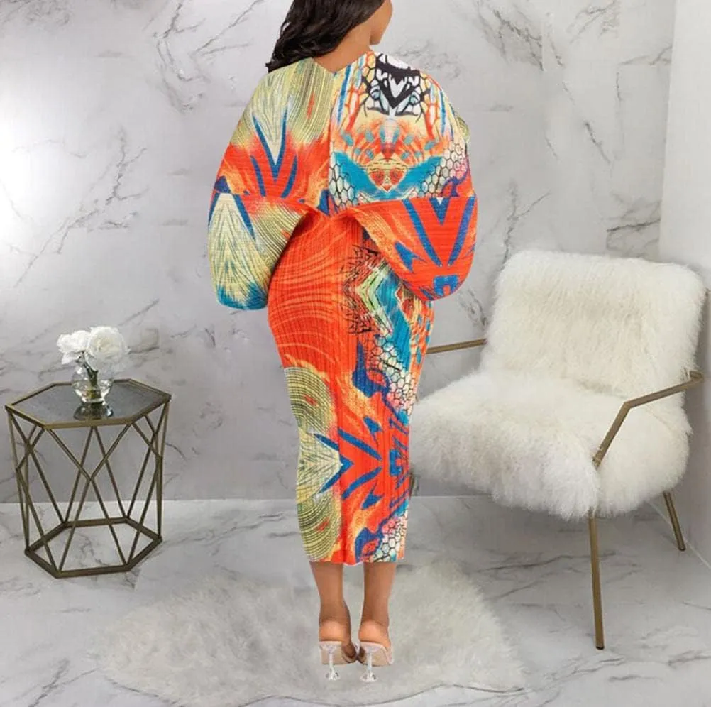 Women's Casual Floral Print Pleated Long Dress Elegant Stretchy Flowy Ruched Midi Dress for Party Club