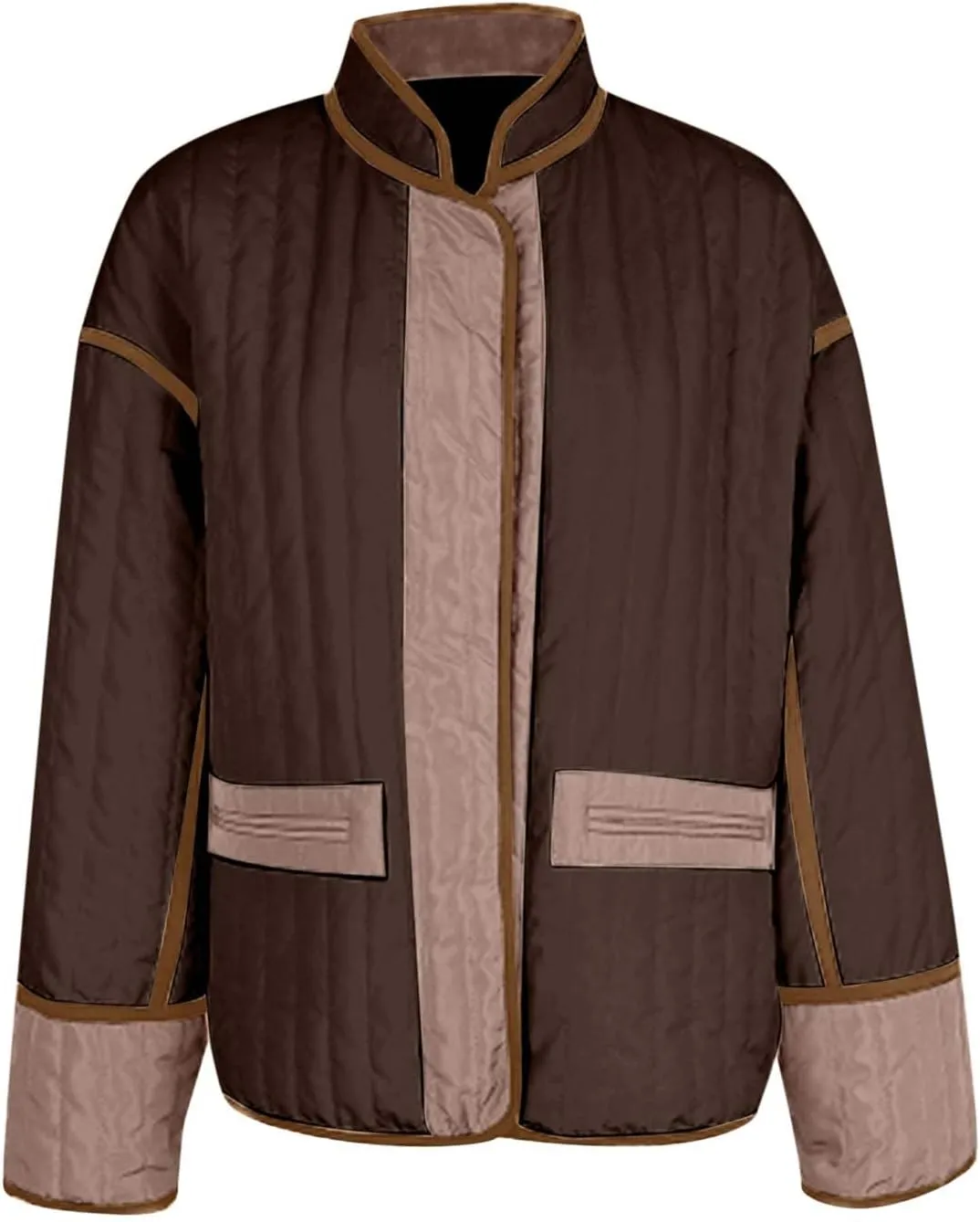 Womens Casual Quilted Jacket Winter Lightweight Color Block Padded Coat Y2k Long Sleeve Cropped Cotton Jackets