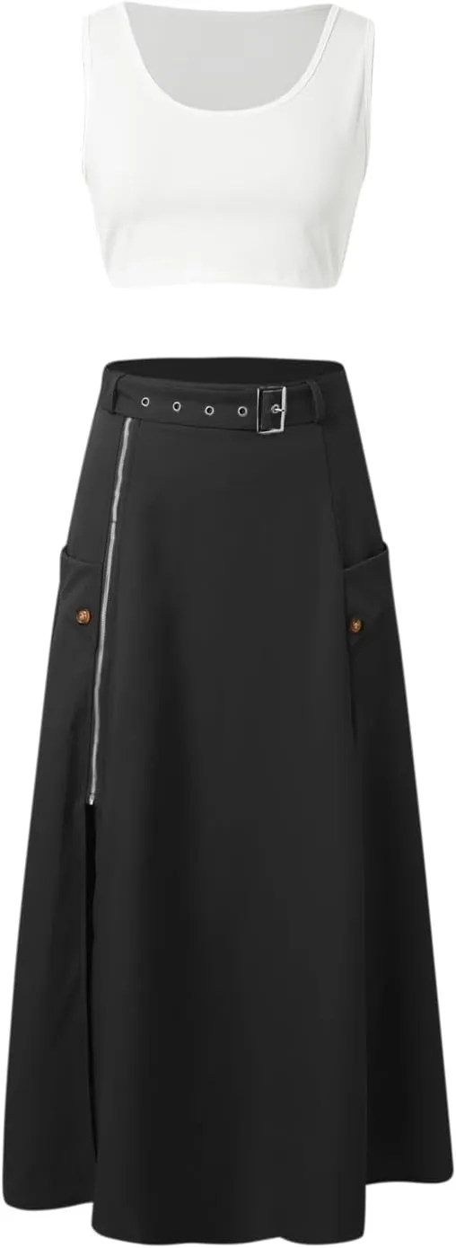 Women's Casual Solid Color Vest Zipper Skirt Long Skirt Set Sexy Sundresses Cocktail Sundress