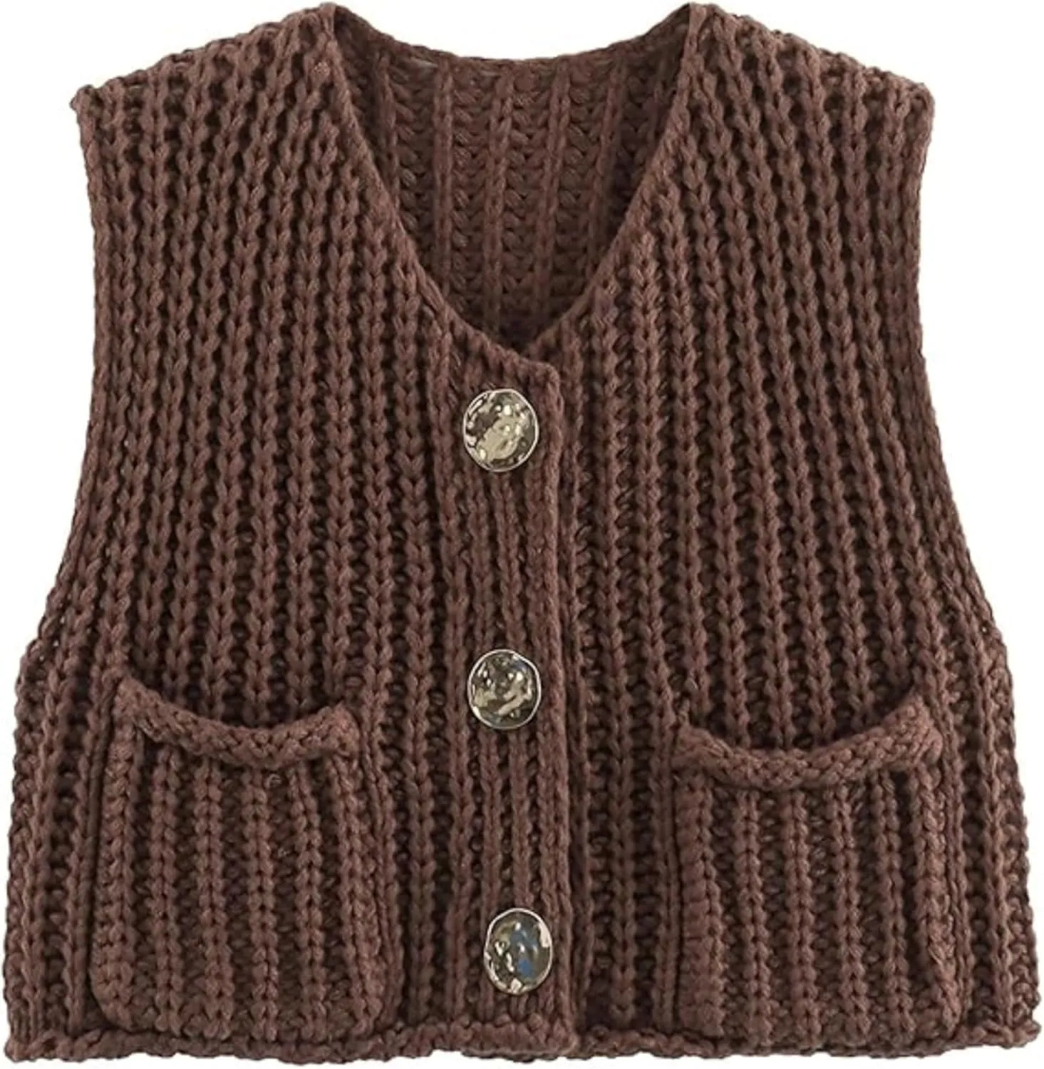 Women's Chunky Knit Vest Button Down Casual Sleeveless Cropped Crochet Sweater Cardigan with Pockets