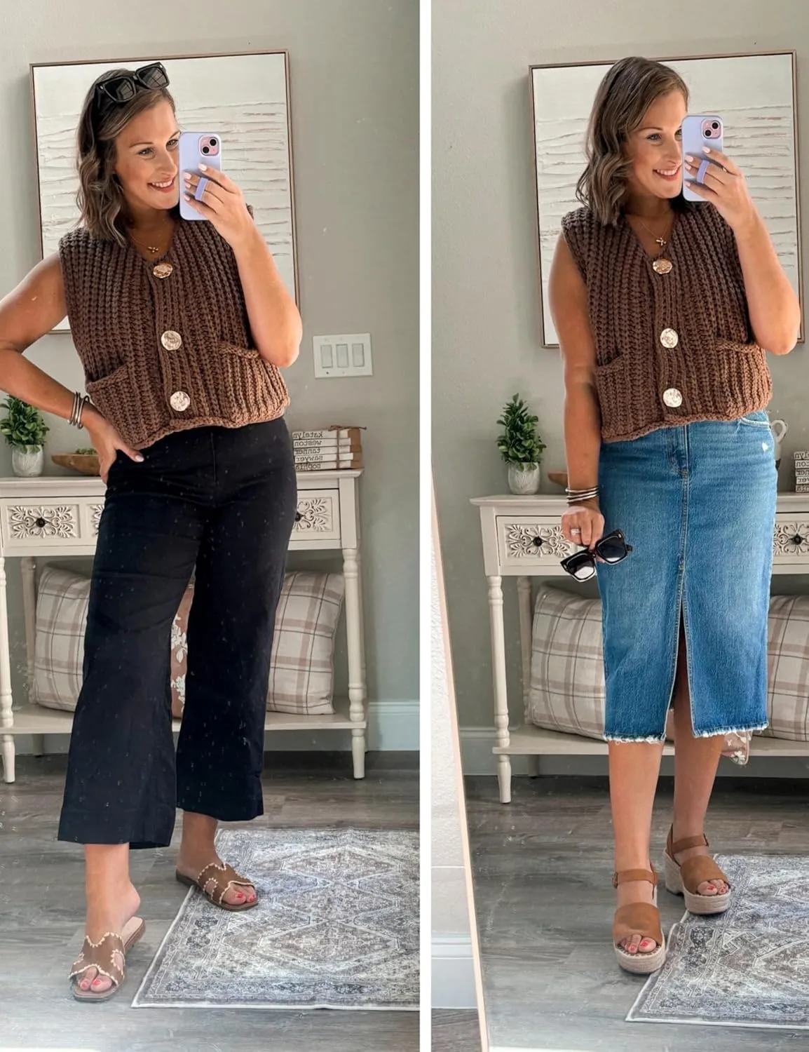 Women's Chunky Knit Vest Button Down Casual Sleeveless Cropped Crochet Sweater Cardigan with Pockets