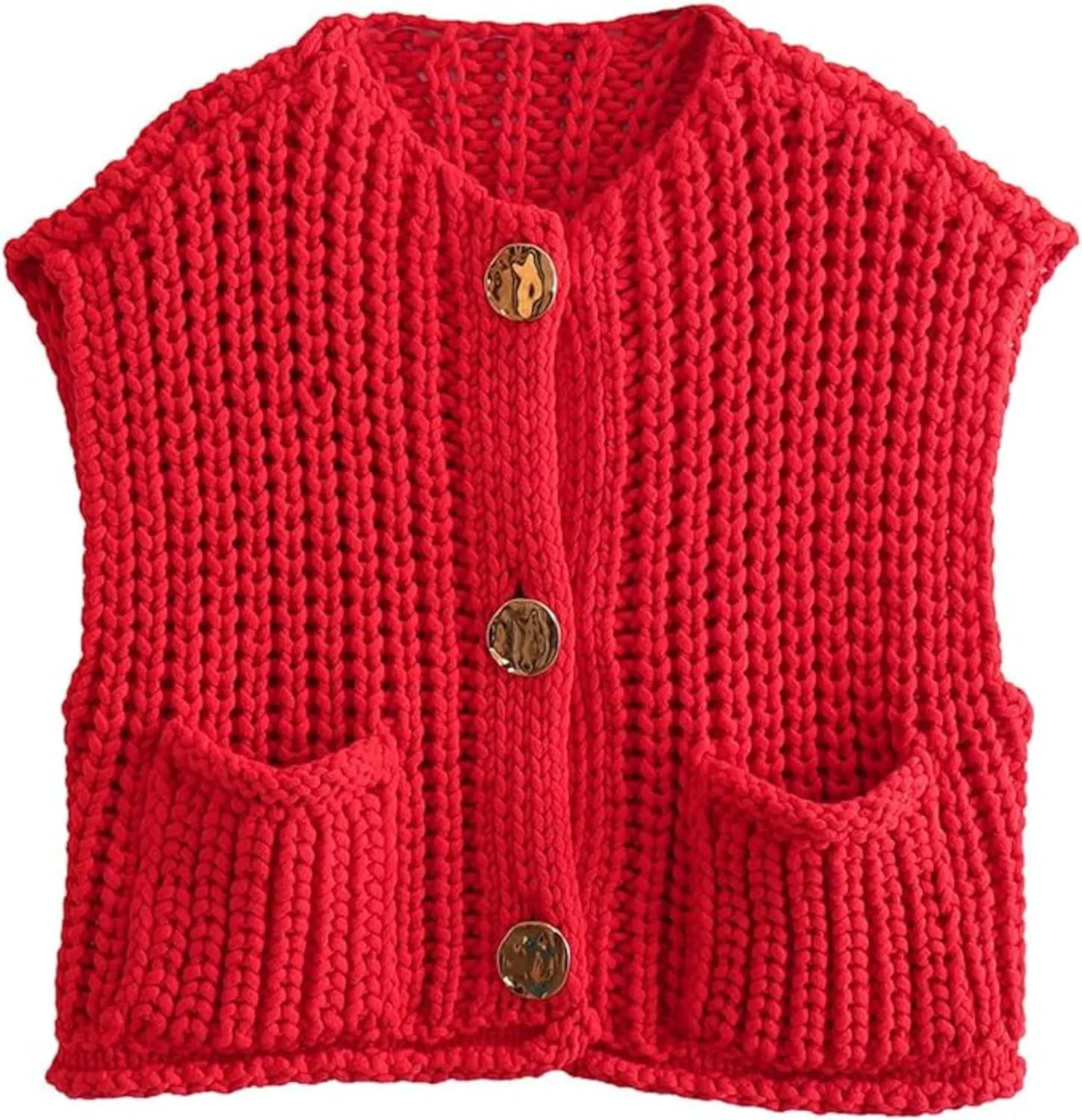 Women's Chunky Knit Vest Button Down Casual Sleeveless Cropped Crochet Sweater Cardigan with Pockets