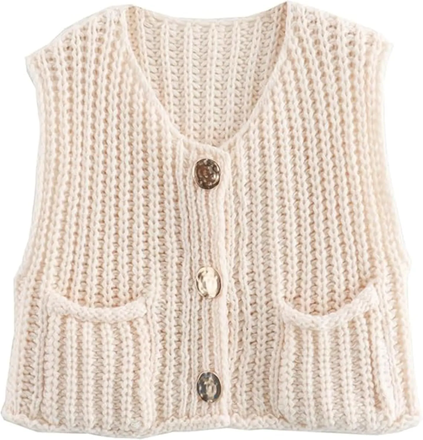 Women's Chunky Knit Vest Button Down Casual Sleeveless Cropped Crochet Sweater Cardigan with Pockets
