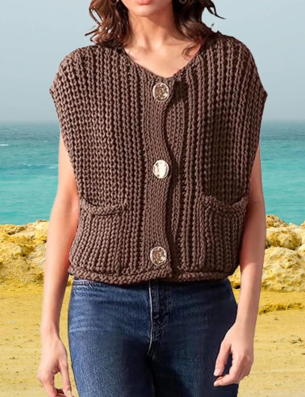 Women's Chunky Knit Vest Button Down Casual Sleeveless Cropped Crochet Sweater Cardigan with Pockets