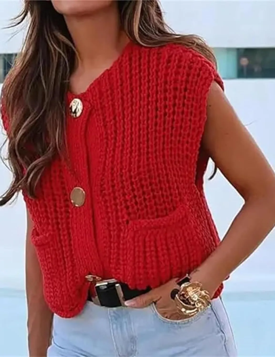 Women's Chunky Knit Vest Button Down Casual Sleeveless Cropped Crochet Sweater Cardigan with Pockets