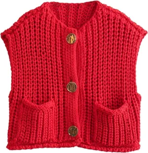 Women's Chunky Knit Vest Button Down Casual Sleeveless Cropped Crochet Sweater Cardigan with Pockets