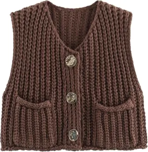 Women's Chunky Knit Vest Button Down Casual Sleeveless Cropped Crochet Sweater Cardigan with Pockets