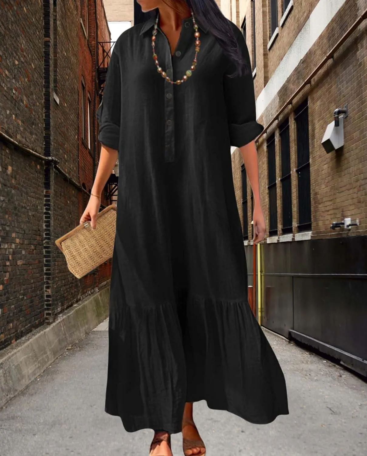 Womens Cotton Linen Dress Lapel Collared Long Sleeve Flowy Hemline Shirt Dresses Casual Loose Summer Ankle Skirts