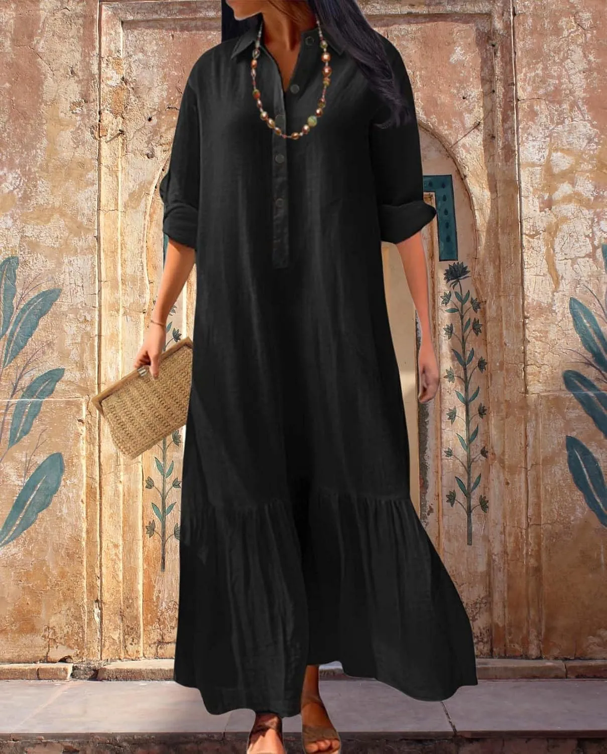 Womens Cotton Linen Dress Lapel Collared Long Sleeve Flowy Hemline Shirt Dresses Casual Loose Summer Ankle Skirts