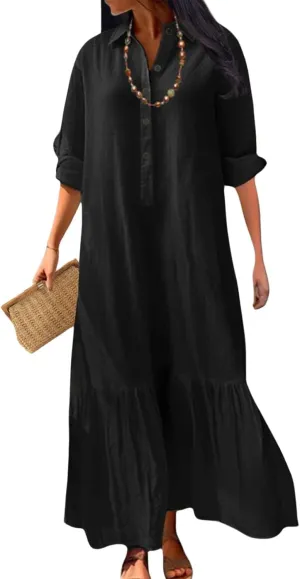 Womens Cotton Linen Dress Lapel Collared Long Sleeve Flowy Hemline Shirt Dresses Casual Loose Summer Ankle Skirts