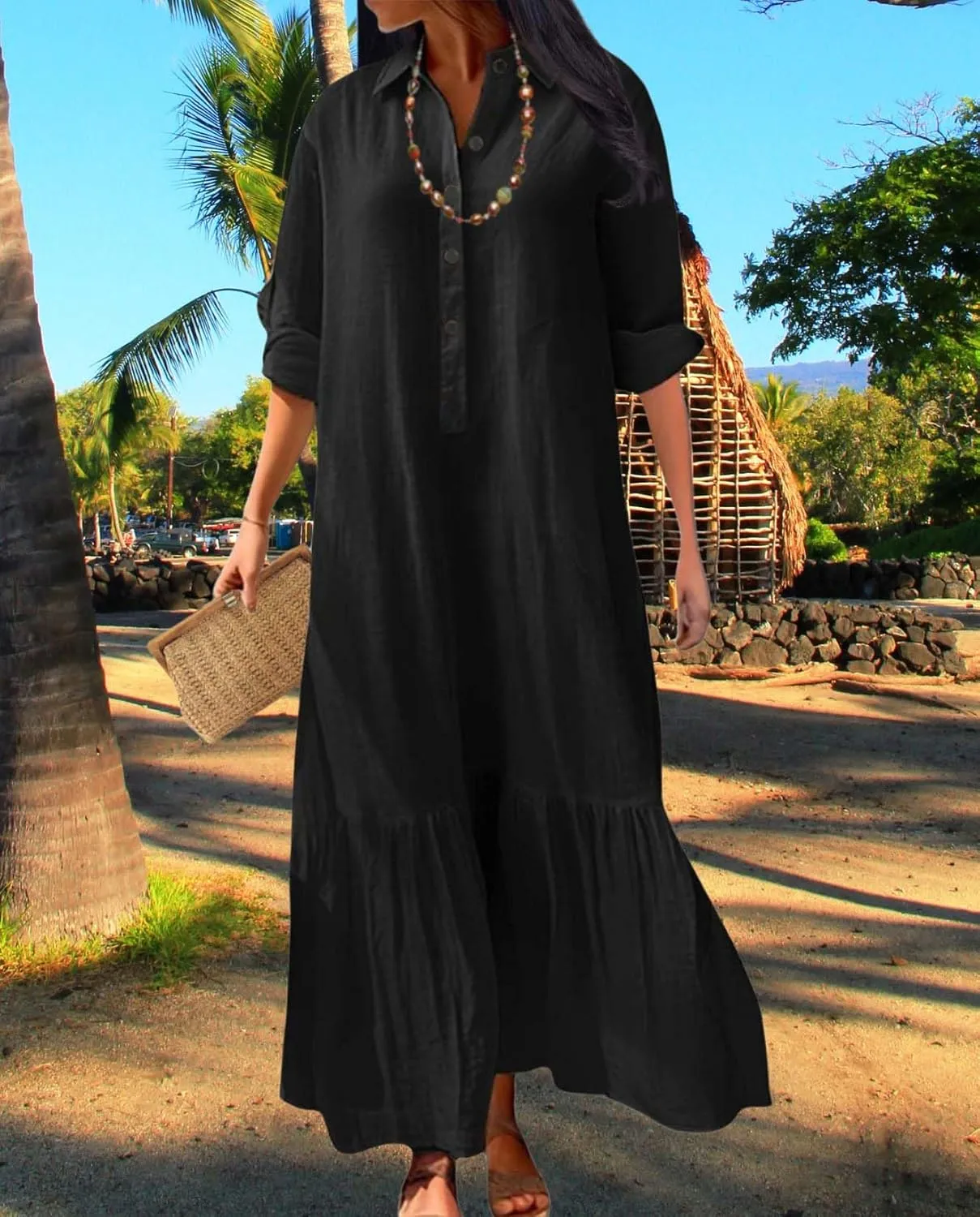 Womens Cotton Linen Dress Lapel Collared Long Sleeve Flowy Hemline Shirt Dresses Casual Loose Summer Ankle Skirts