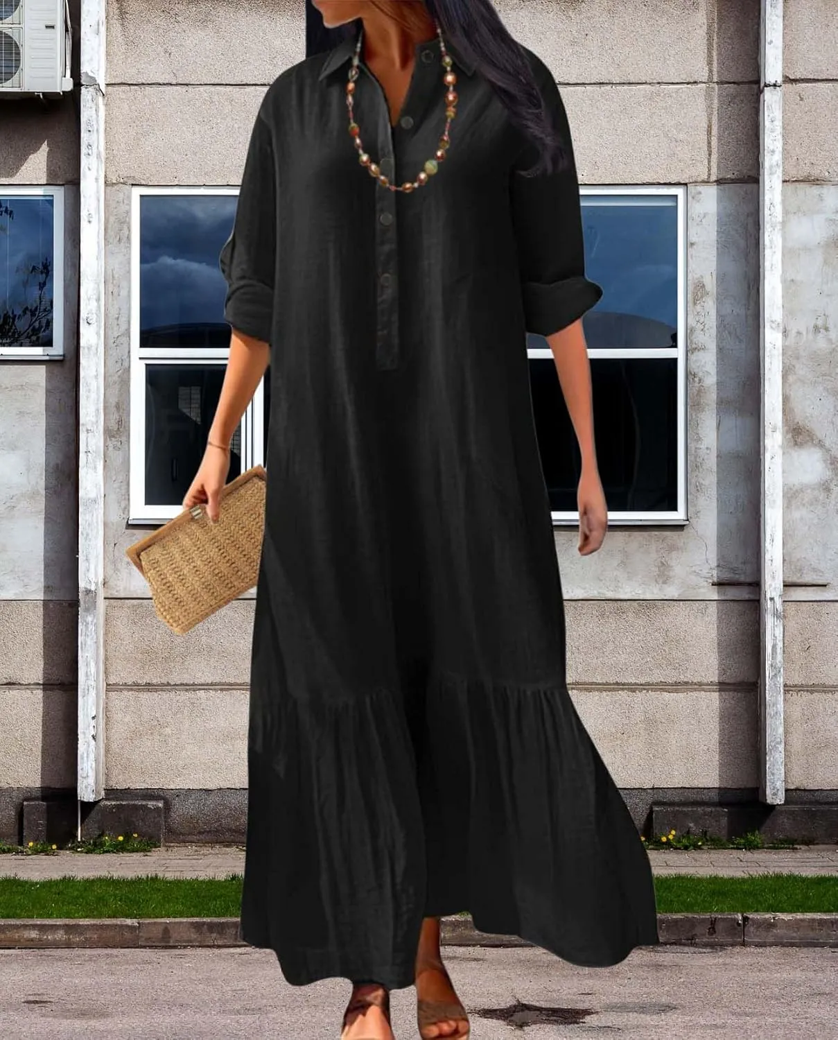 Womens Cotton Linen Dress Lapel Collared Long Sleeve Flowy Hemline Shirt Dresses Casual Loose Summer Ankle Skirts