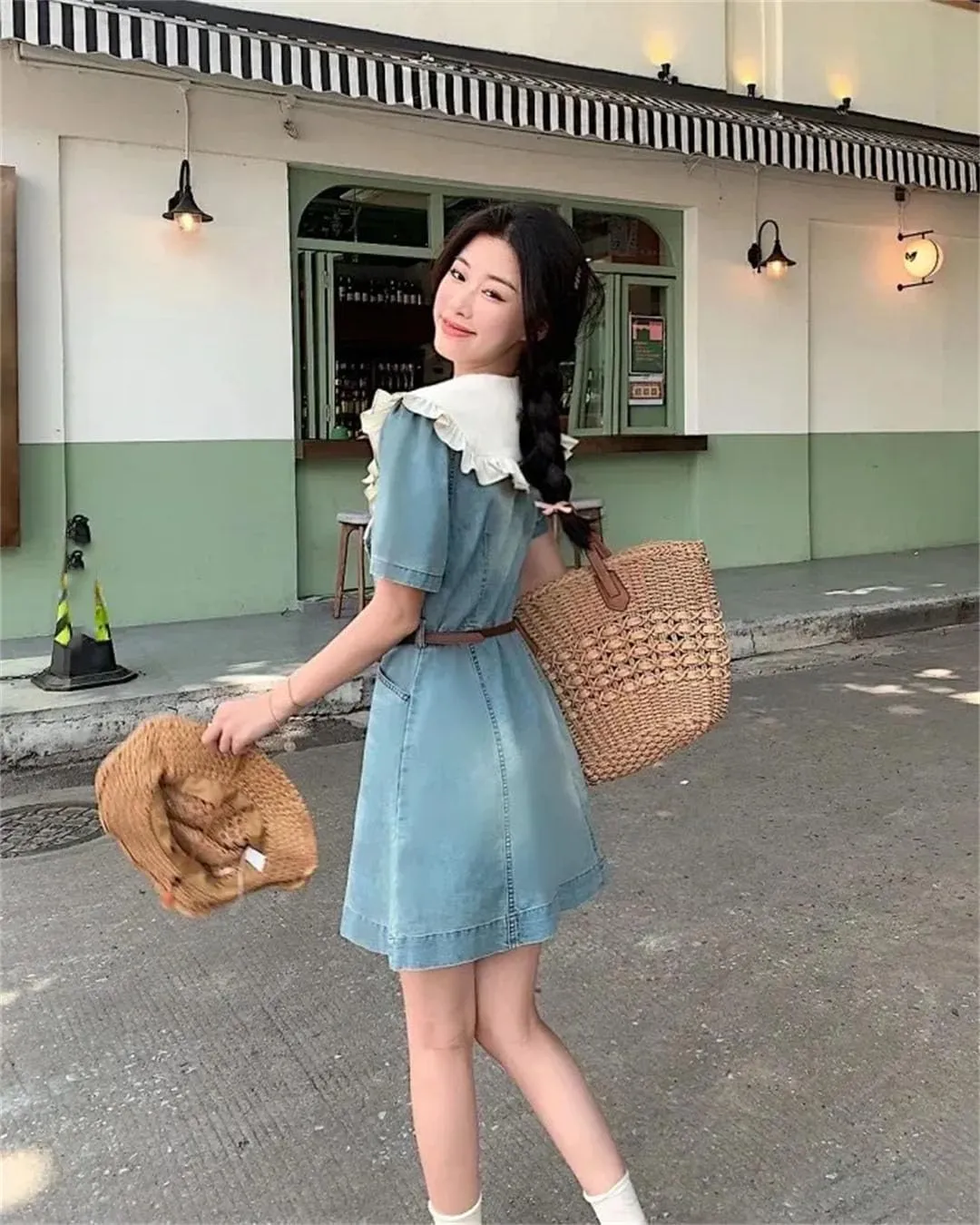 Women's Denim Dress Elegant Mini Dress with Ruffles at The Neck and Sleeves Lace Up Dresses
