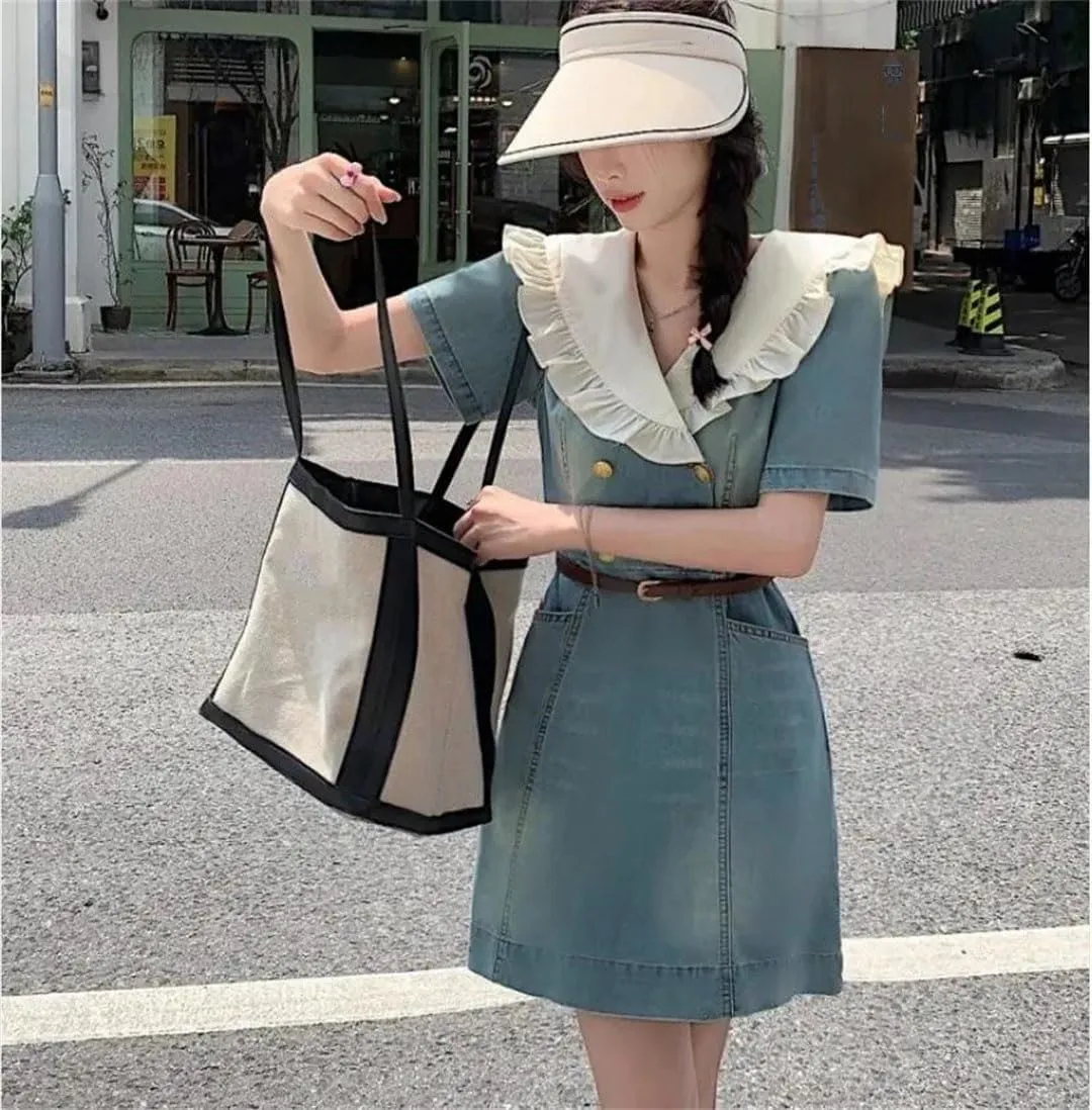 Women's Denim Dress Elegant Mini Dress with Ruffles at The Neck and Sleeves Lace Up Dresses