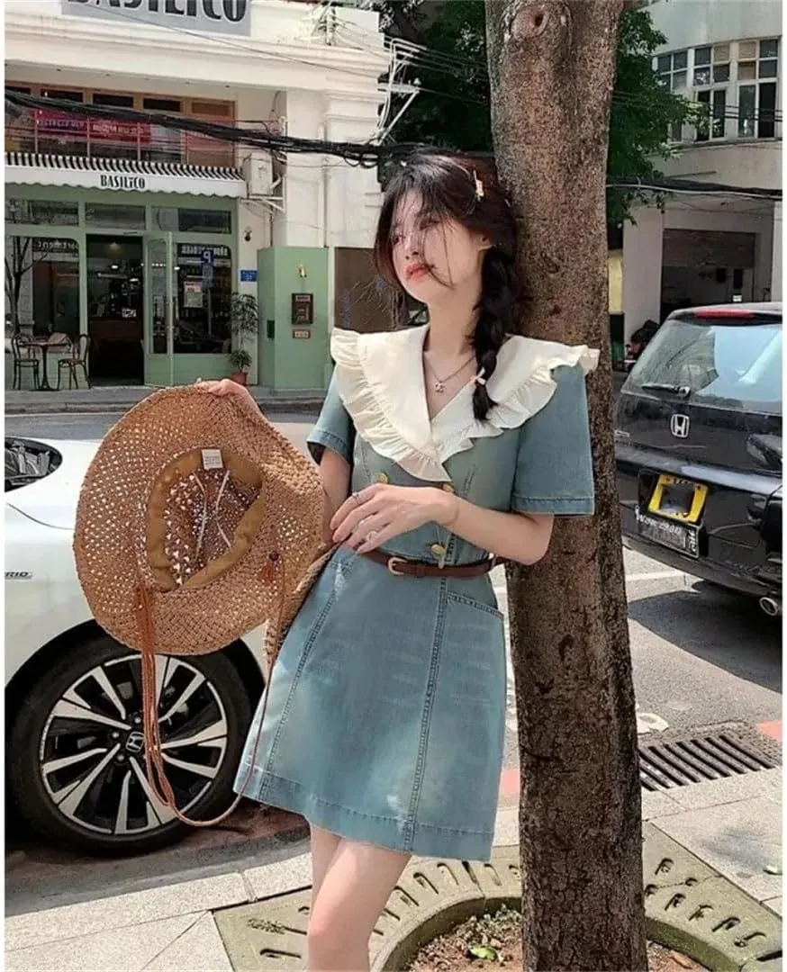 Women's Denim Dress Elegant Mini Dress with Ruffles at The Neck and Sleeves Lace Up Dresses