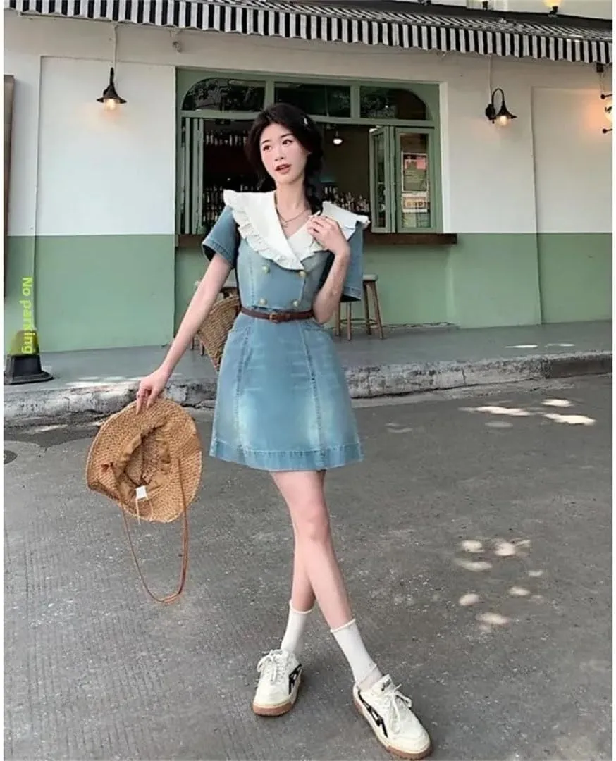 Women's Denim Dress Elegant Mini Dress with Ruffles at The Neck and Sleeves Lace Up Dresses