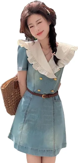 Women's Denim Dress Elegant Mini Dress with Ruffles at The Neck and Sleeves Lace Up Dresses