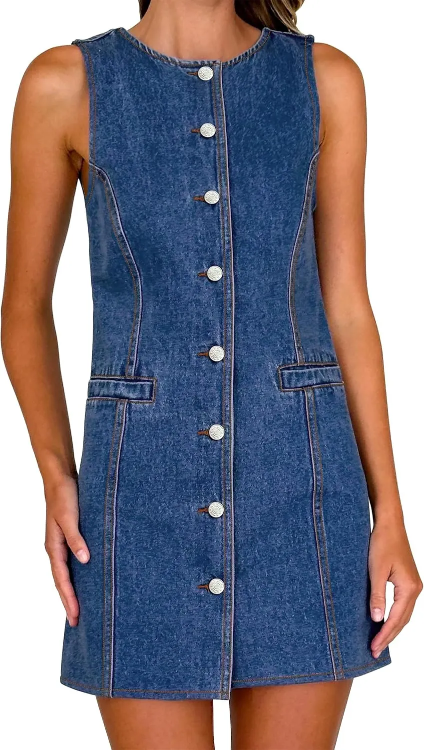 Women's Denim Dress Jean Sleeveless Button Down Shirt Mini Tank Casual Summer Dresses with Pocket 2025 Trendy Outfits