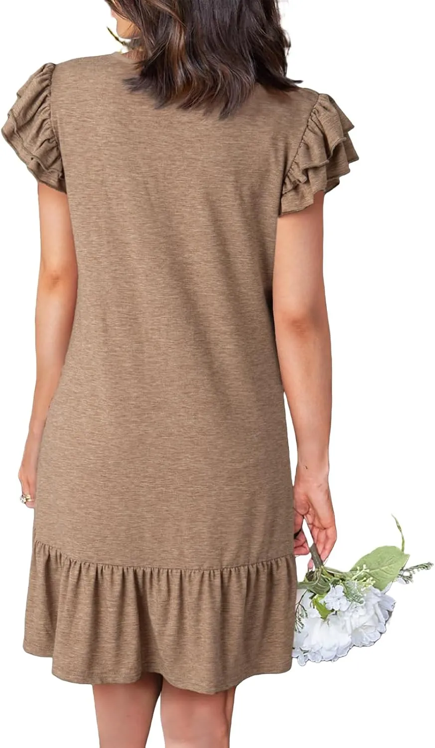 Womens Dresses 2025 Ruffle Cap Sleeve V-Neck Flowy Swing Mini Dress Summer Casual High Waist A Line Sundress for Beach