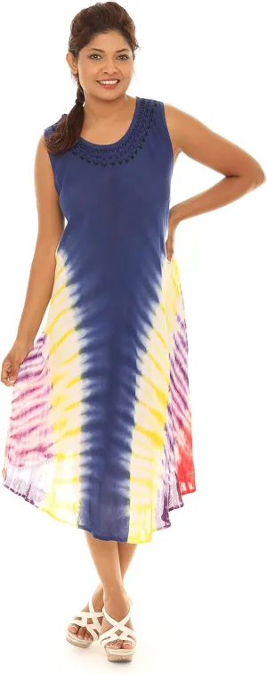 Women's Embroidered Neckline Casual Sleeveless Spring Sundress | Rayon Tie Dye Summer Dress | Beach Cover Up