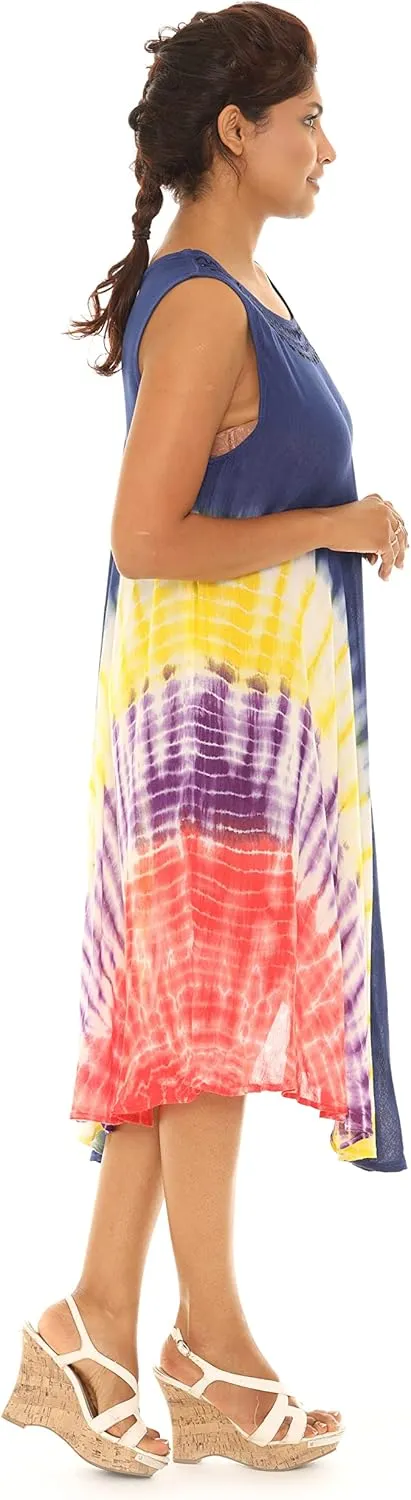 Women's Embroidered Neckline Casual Sleeveless Spring Sundress | Rayon Tie Dye Summer Dress | Beach Cover Up
