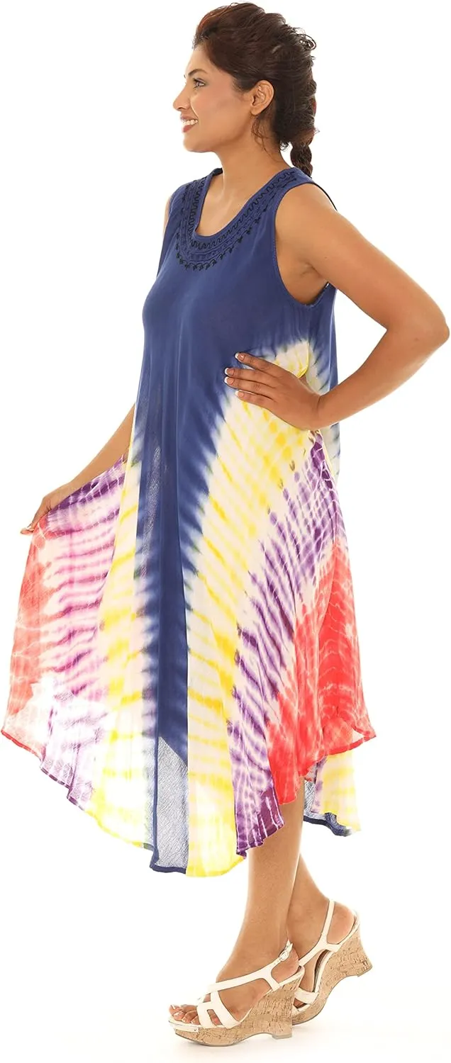 Women's Embroidered Neckline Casual Sleeveless Spring Sundress | Rayon Tie Dye Summer Dress | Beach Cover Up