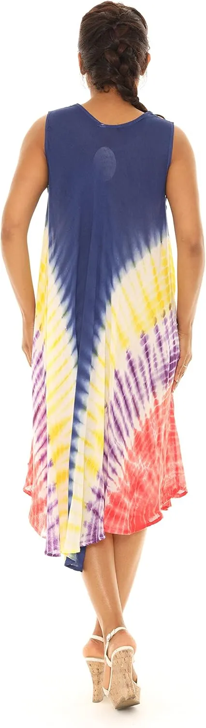 Women's Embroidered Neckline Casual Sleeveless Spring Sundress | Rayon Tie Dye Summer Dress | Beach Cover Up