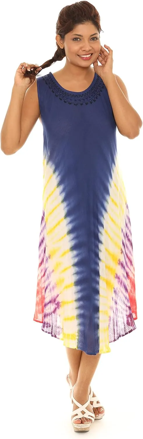 Women's Embroidered Neckline Casual Sleeveless Spring Sundress | Rayon Tie Dye Summer Dress | Beach Cover Up