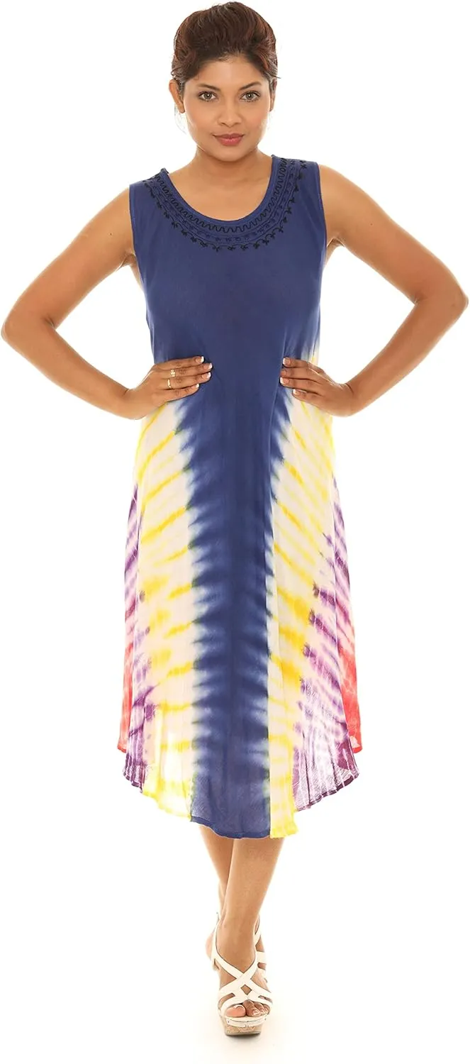 Women's Embroidered Neckline Casual Sleeveless Spring Sundress | Rayon Tie Dye Summer Dress | Beach Cover Up