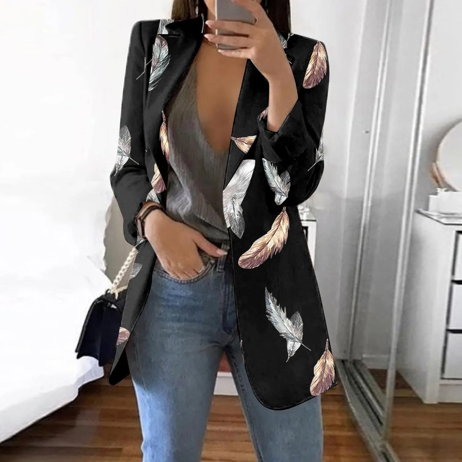 Women's Fall Casual Trendy Long Sleeve Lapel Floral Cardigan Jacket Plus Size