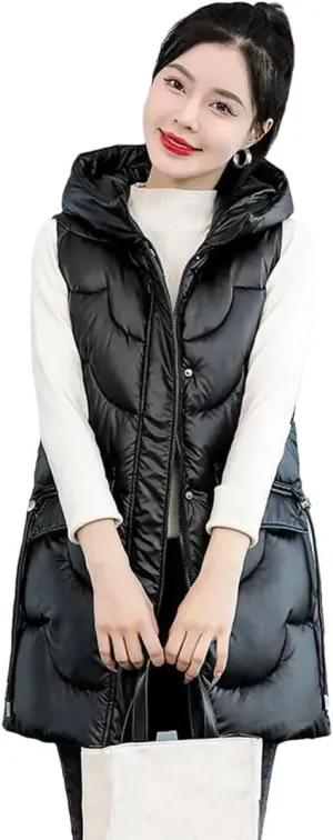 Womens Fashion Glossy Down Cotton Vests Winter Hooded Waistcoat Long Cotton-Padded Coat Vest Sleeveless Outwear