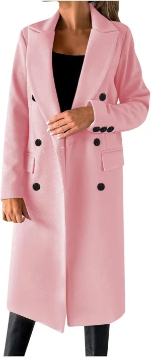 Womens Fashion Long Blazer Business Casual Double Breasted Trench Coats Notched Lapel Long Sleeve Outerwear
