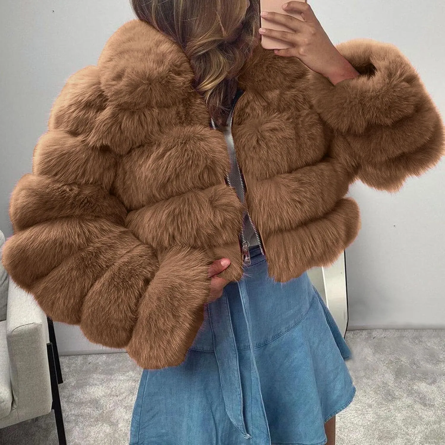 Women's Faux Fur Jacket Casual Fashion Cropped Coat Fluffy Shaggy Solid Outerwear Winter Warm Hooded Cardigan