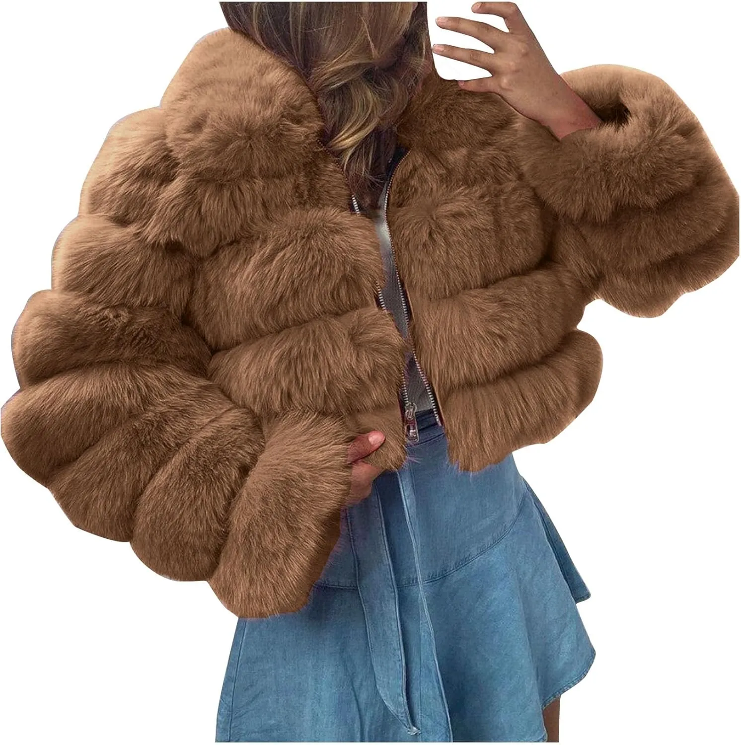 Women's Faux Fur Jacket Casual Fashion Cropped Coat Fluffy Shaggy Solid Outerwear Winter Warm Hooded Cardigan