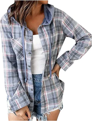 Womens Flannel Hooded Shacket Jacket Fashion Teen Girl Plaid Button Down Outerwear Shirts Preppy Fall Thin Hoodie Coat