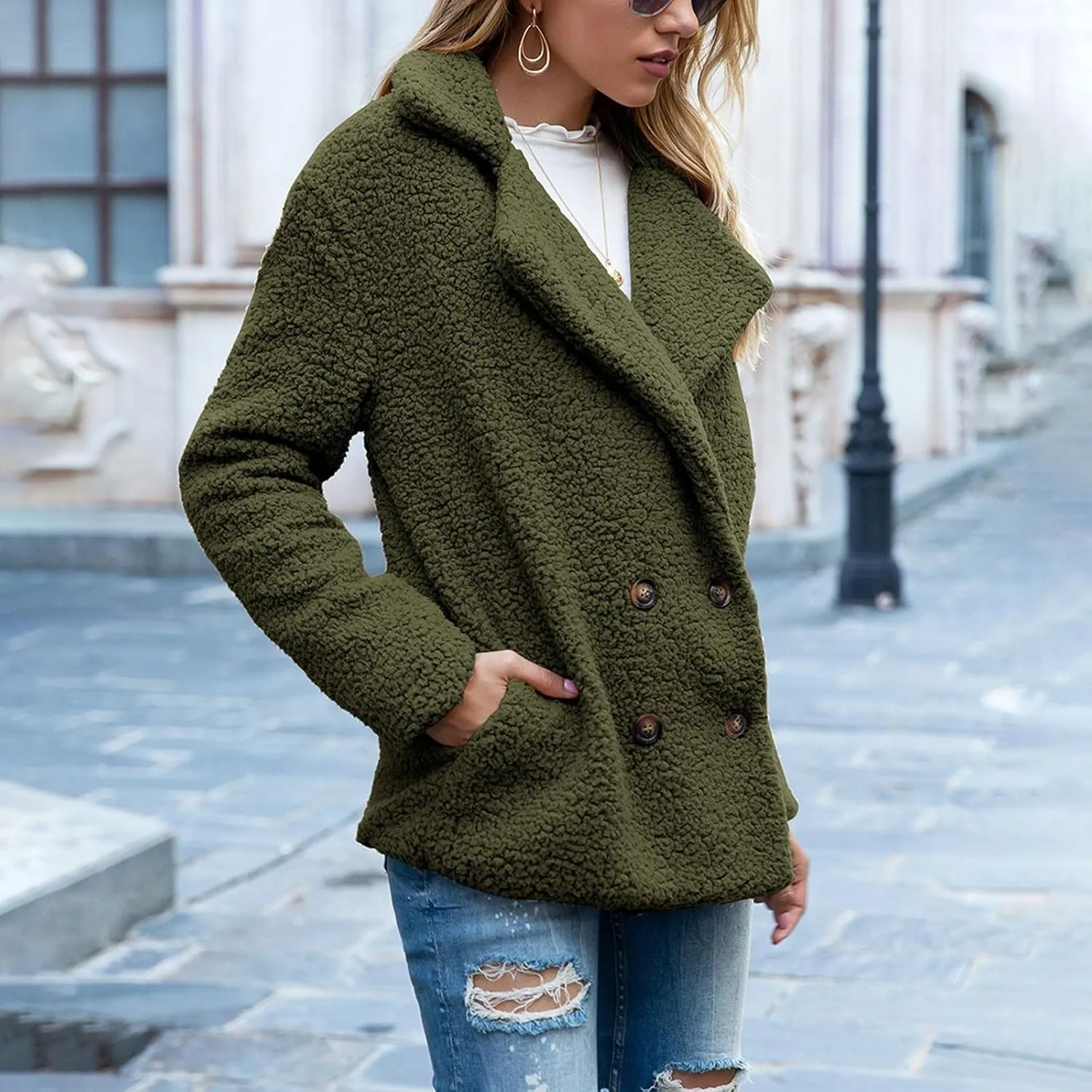Womens Fleece Jacket 2024 Winter Lapel Button Down Coats Casual Oversized Trendy Teddy Bear Jacket Fluffy Outerwear
