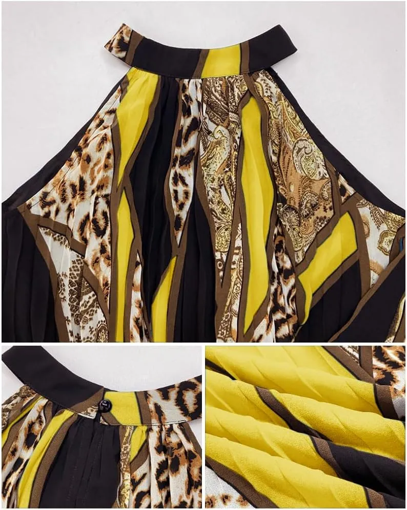 Women's Floral Leopard Print Halter Ruched Cold Shoulder A Line Dress Summer Beach Vacation Boho Beach Dress