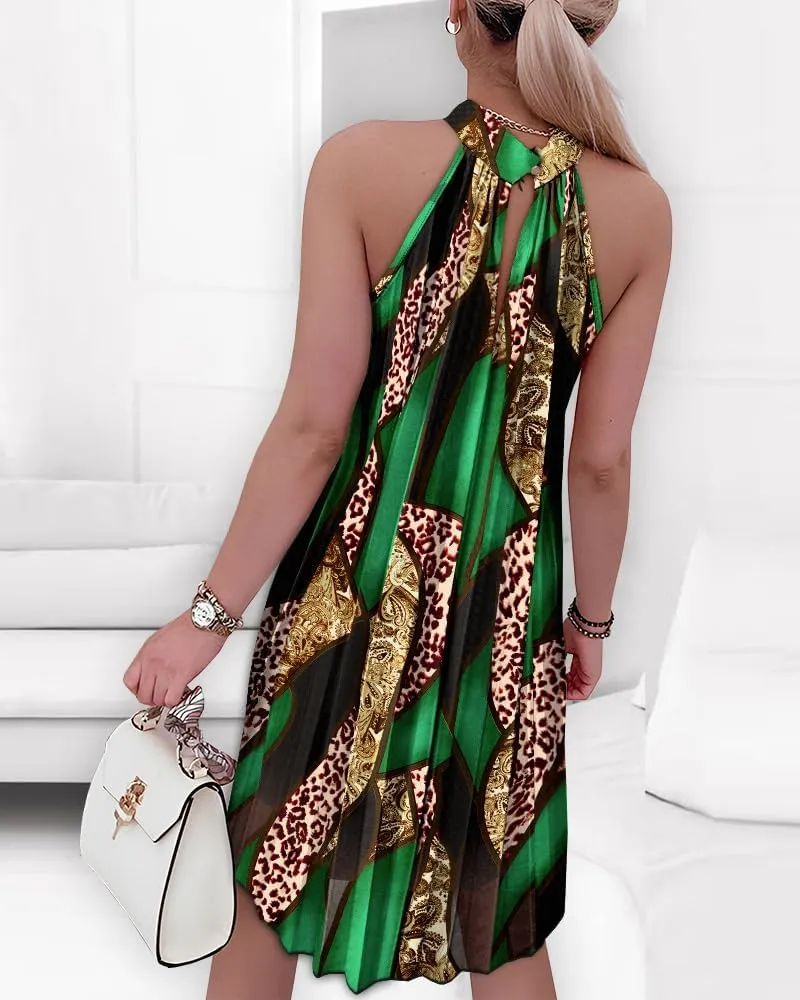 Women's Floral Leopard Print Halter Ruched Cold Shoulder A Line Dress Summer Beach Vacation Boho Beach Dress